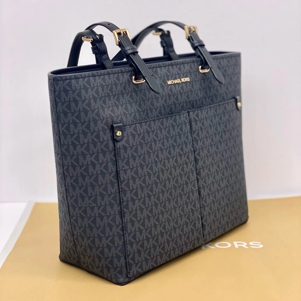 Michael Kors Jet Set Medium Double Pocket Tote Shoulder Bag Black